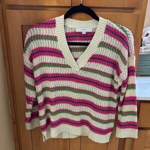 LOFT V-Neck Sweater with Pink and Green Stripes